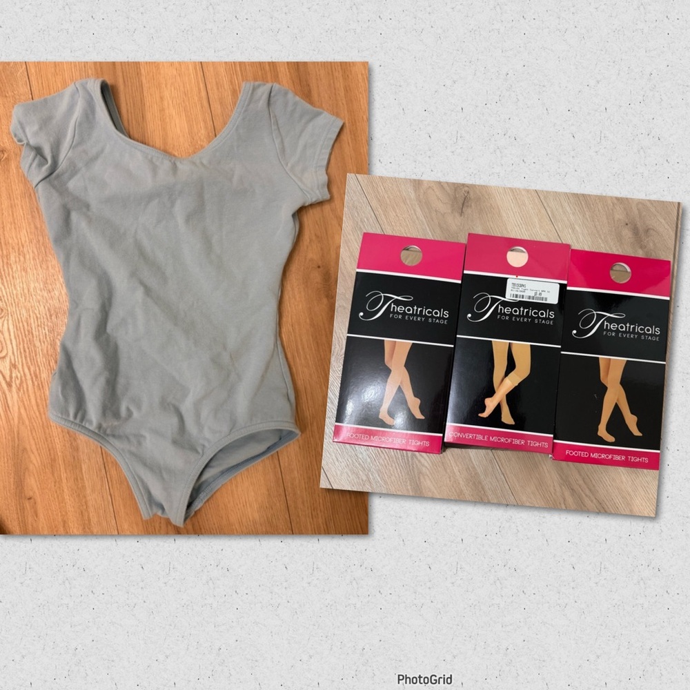 Dance Capezio Blue leotard size girls size medium and 3 brand new tights size SC